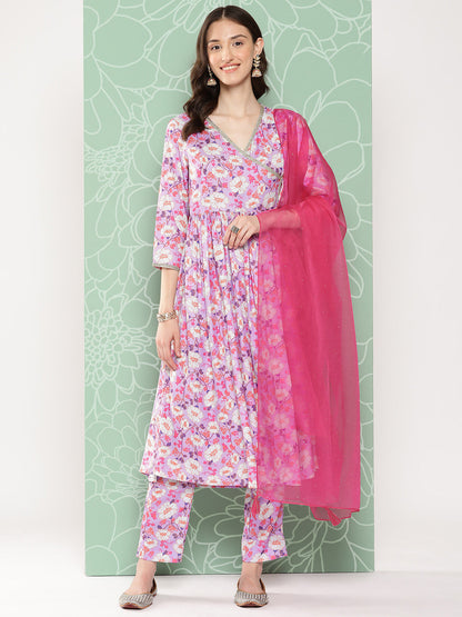 Janasya Women's Lavender Moss Digital Floral Printed Angrakha Festive Kurta Set