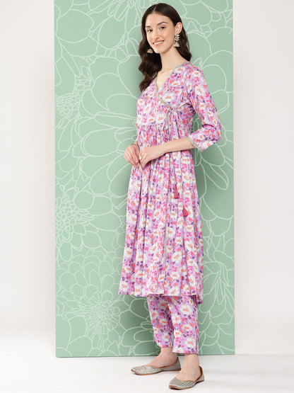 Janasya Women's Lavender Moss Digital Floral Printed Angrakha Festive Kurta Set