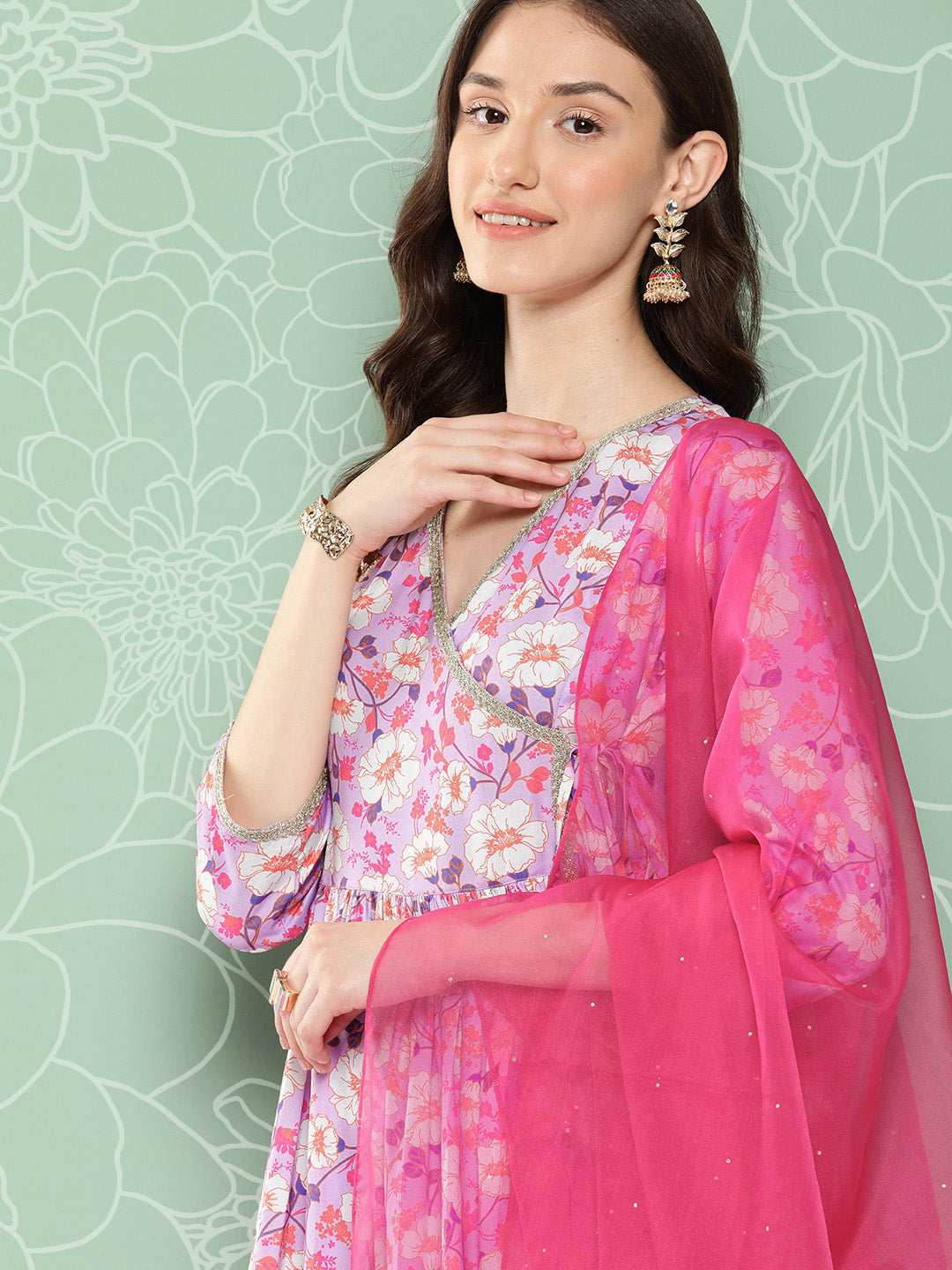 Janasya Women's Lavender Moss Digital Floral Printed Angrakha Festive Kurta Set