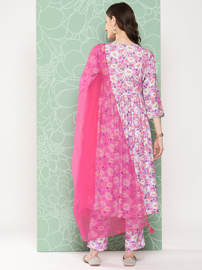 Janasya Women's Lavender Moss Digital Floral Printed Angrakha Festive Kurta Set