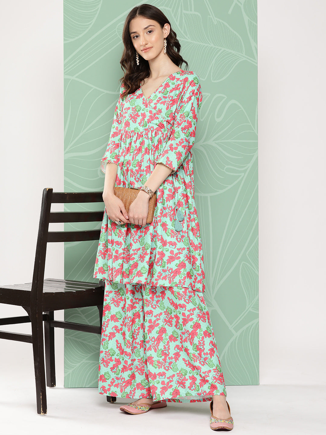 Janasya Women's Mint Moss Floral Digital Printed Angrakha Festive Kurta Set