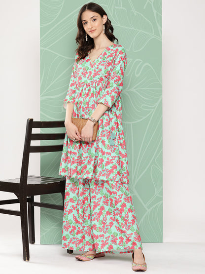 Janasya Women's Mint Moss Floral Digital Printed Angrakha Festive Kurta Set