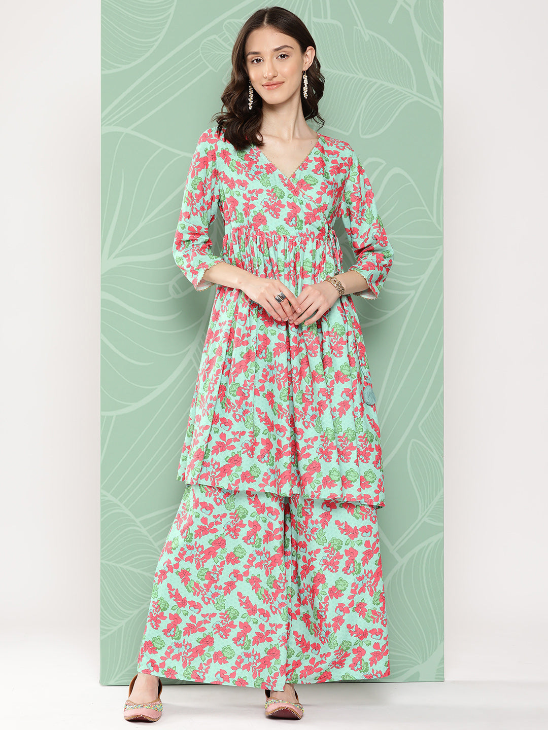 Janasya Women's Mint Moss Floral Digital Printed Angrakha Festive Kurta Set