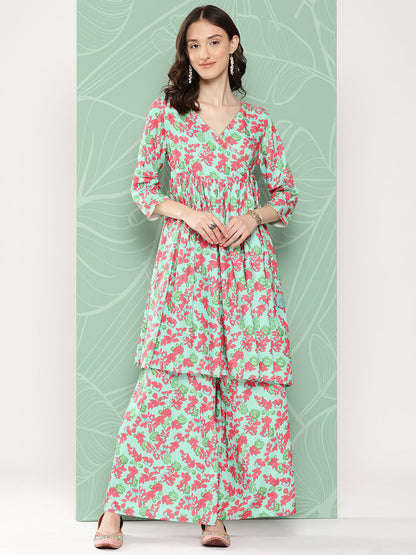 Janasya Women's Mint Moss Floral Digital Printed Angrakha Festive Kurta Set