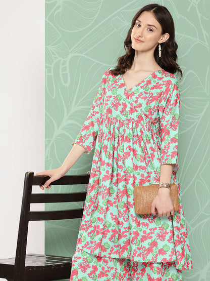 Janasya Women's Mint Moss Floral Digital Printed Angrakha Festive Kurta Set