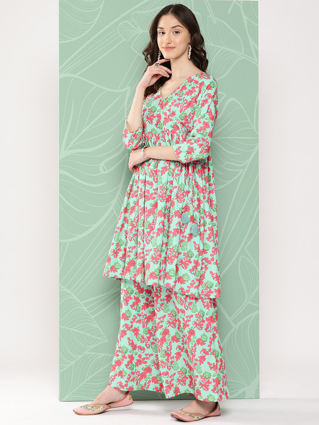 Janasya Women's Mint Moss Floral Digital Printed Angrakha Festive Kurta Set