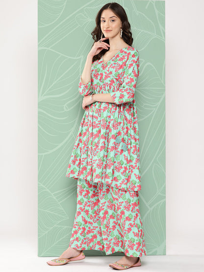 Janasya Women's Mint Moss Floral Digital Printed Angrakha Festive Kurta Set