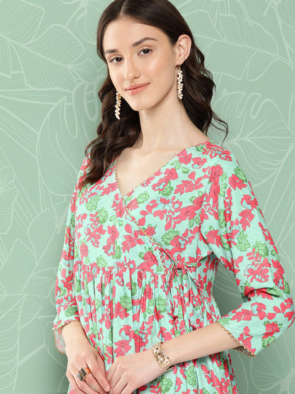 Janasya Women's Mint Moss Floral Digital Printed Angrakha Festive Kurta Set
