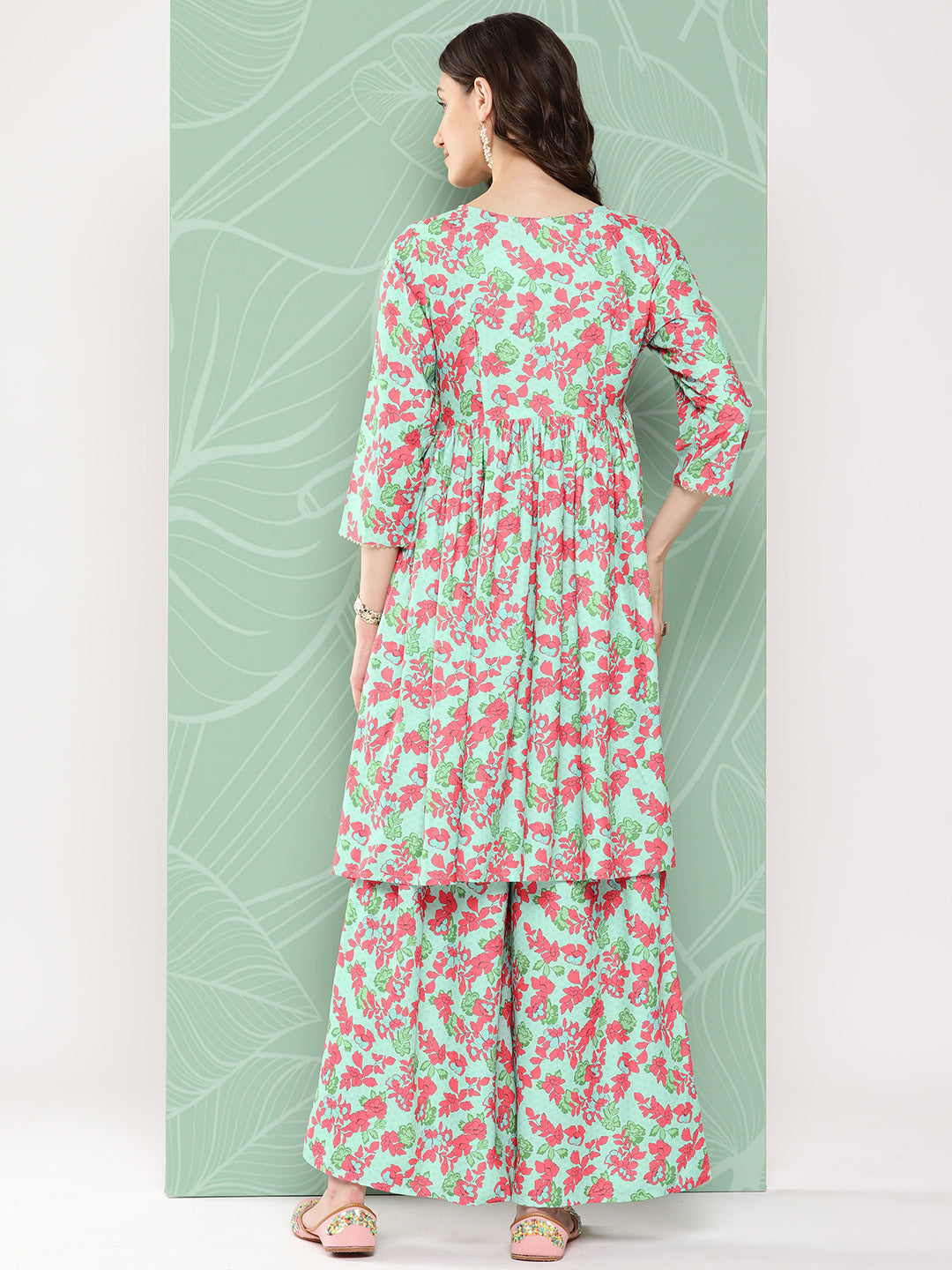 Janasya Women's Mint Moss Floral Digital Printed Angrakha Festive Kurta Set