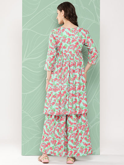 Janasya Women's Mint Moss Floral Digital Printed Angrakha Festive Kurta Set