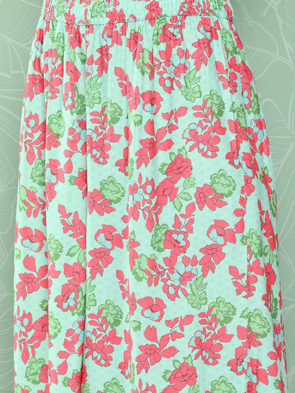 Janasya Women's Mint Moss Floral Digital Printed Angrakha Festive Kurta Set