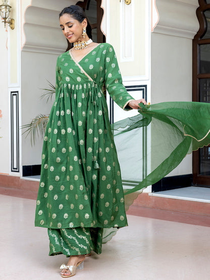 Janasya Women's Green Brocade Woven Design Festive Angrakha Kurta Set