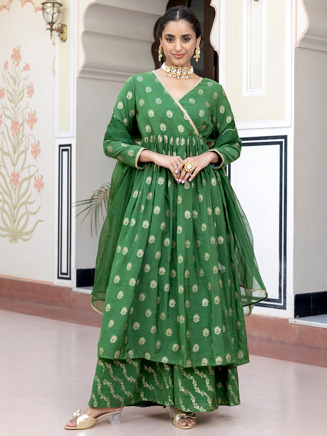 Janasya Women's Green Brocade Woven Design Festive Angrakha Kurta Set