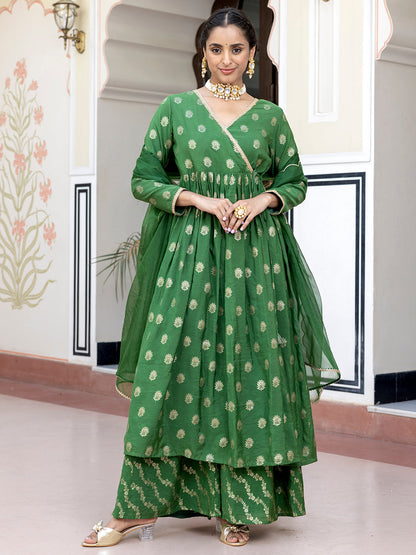 Janasya Women's Green Brocade Woven Design Festive Angrakha Kurta Set