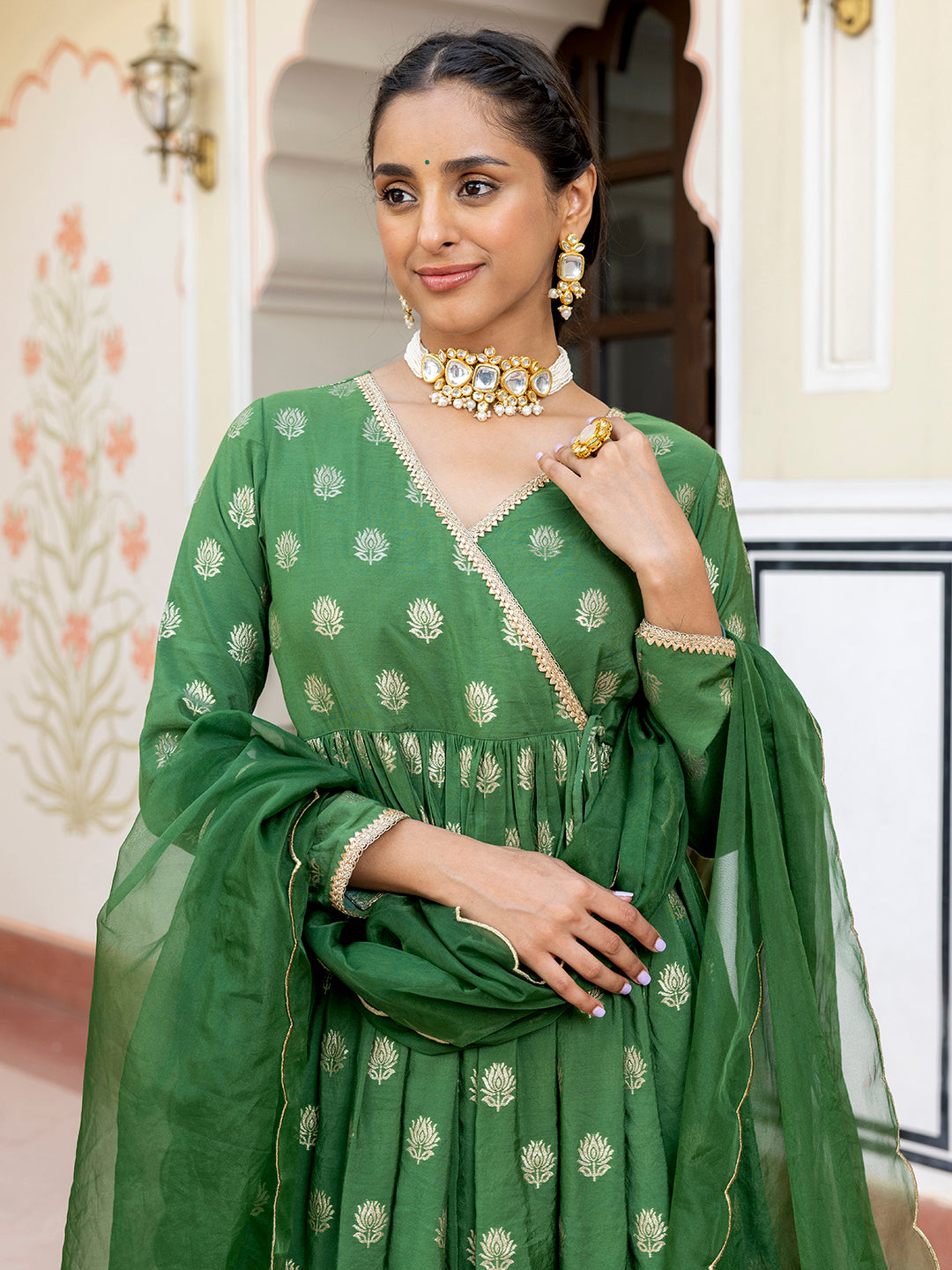 Janasya Women's Green Brocade Woven Design Festive Angrakha Kurta Set