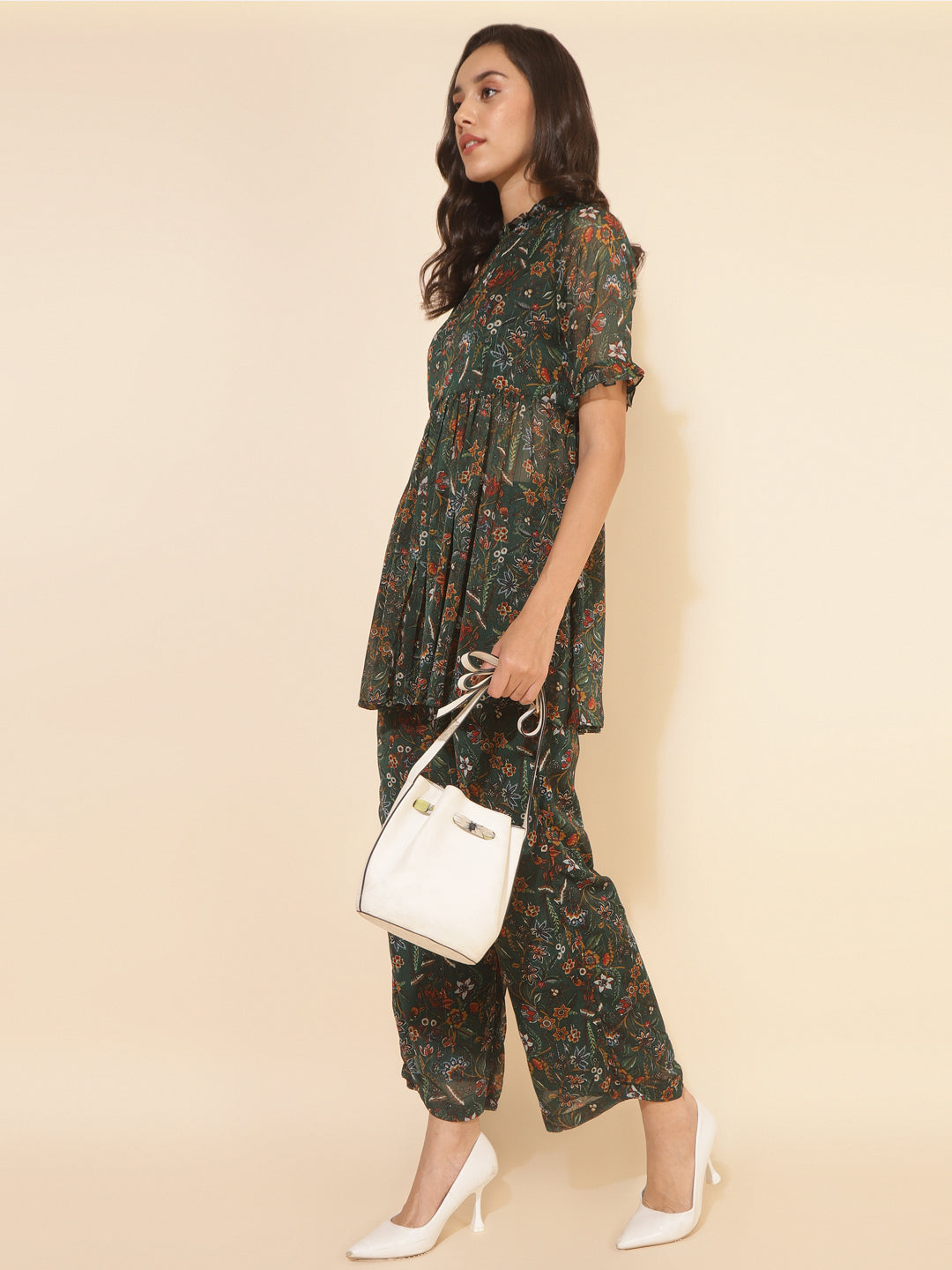 Janasya Green Chiffon Lurex Floral Printed Co-ords