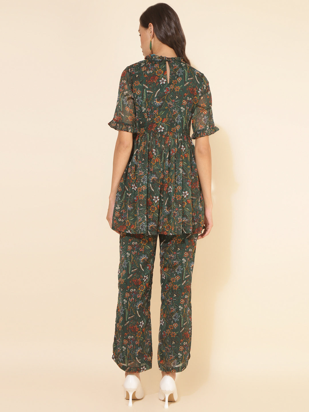 Janasya Green Chiffon Lurex Floral Printed Co-ords