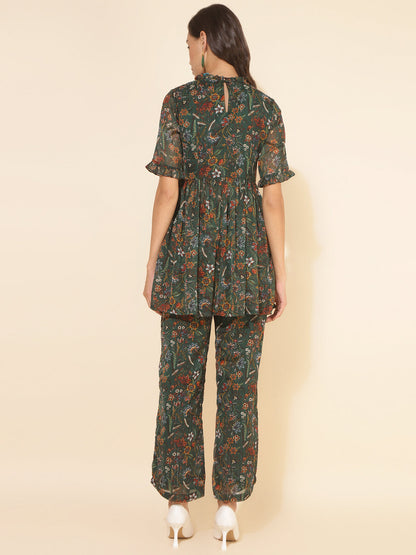 Janasya Green Chiffon Lurex Floral Printed Co-ords