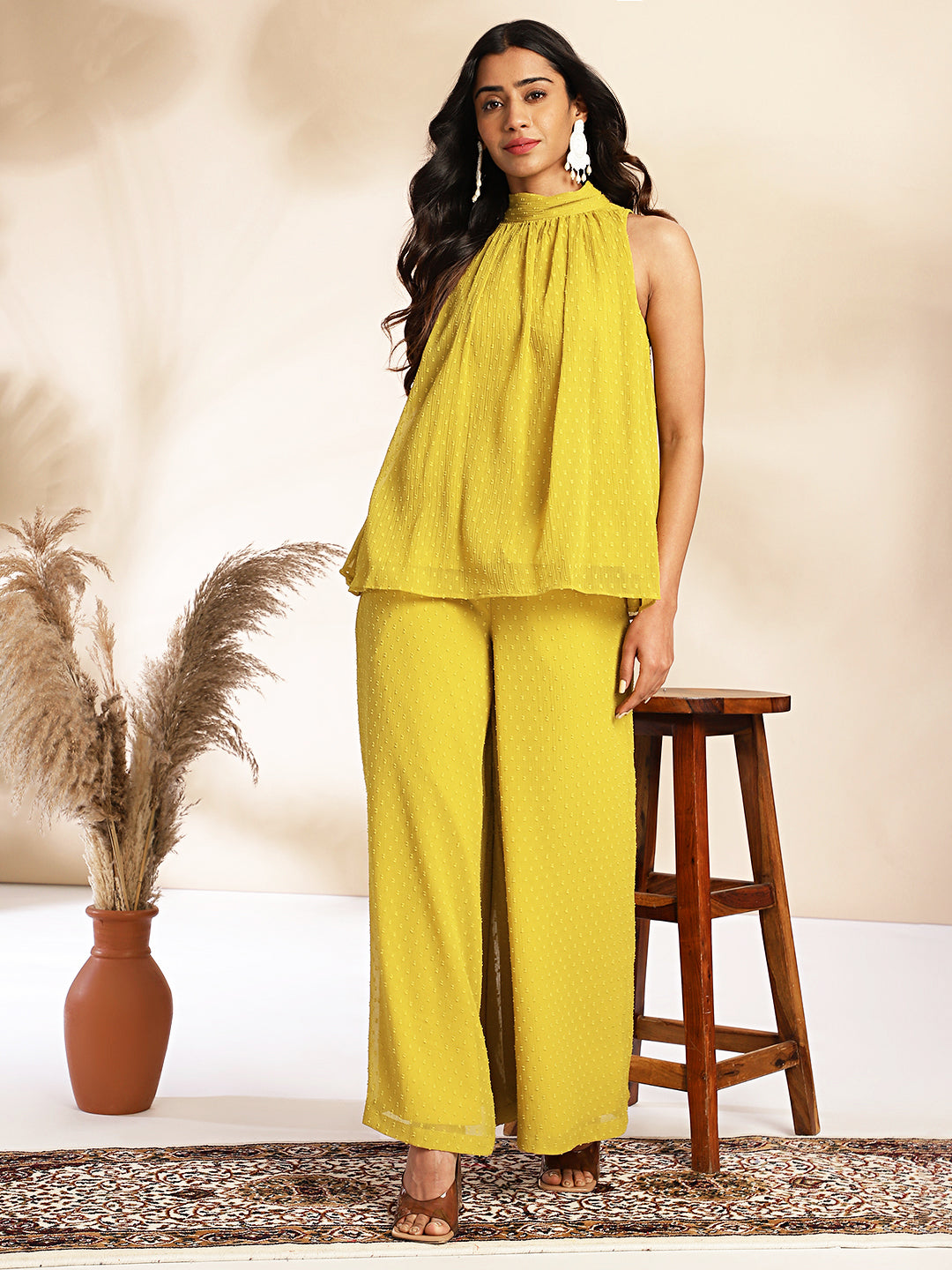 Janasya Yellow Dobby Chiffon Solid Sets