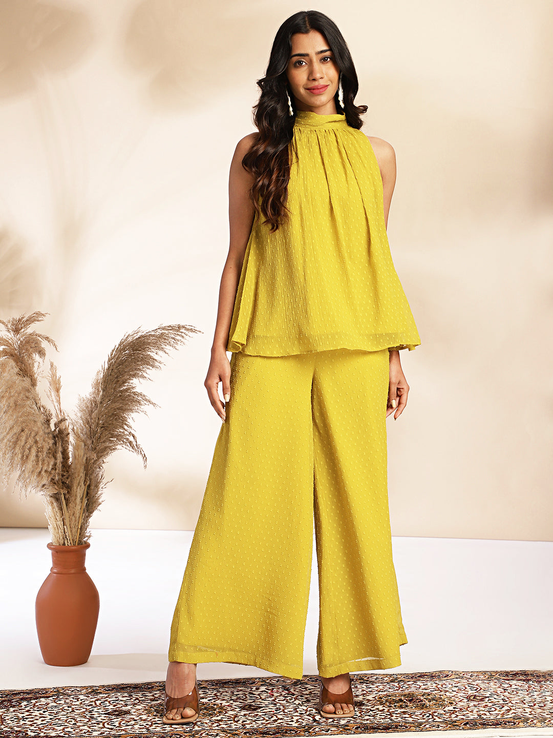 Janasya Yellow Dobby Chiffon Solid Sets
