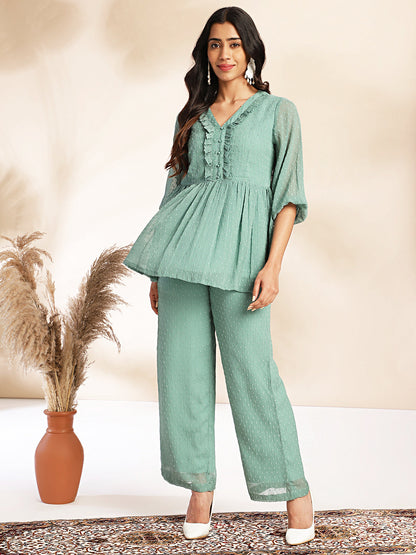 Janasya Sage Dobby Chiffon Woven Design Peplum Top & Bottom Set