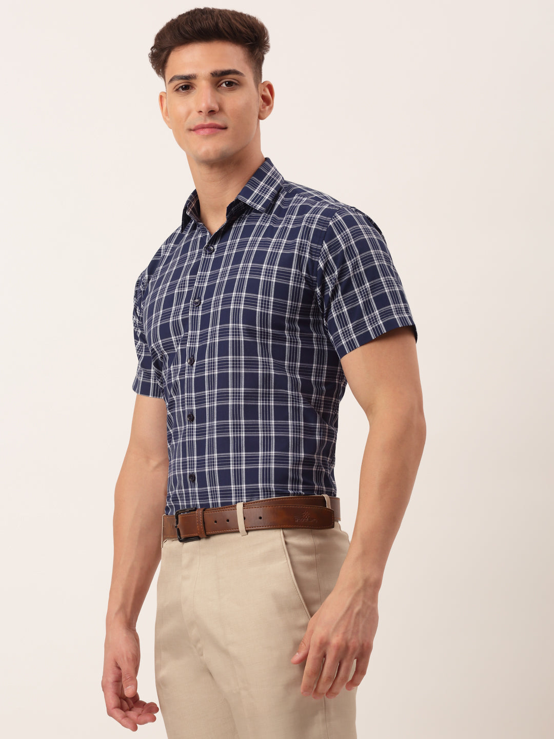 Jainish Men's Cotton Checked Half Sleeve Formal Shirts ( SF 808Blue )