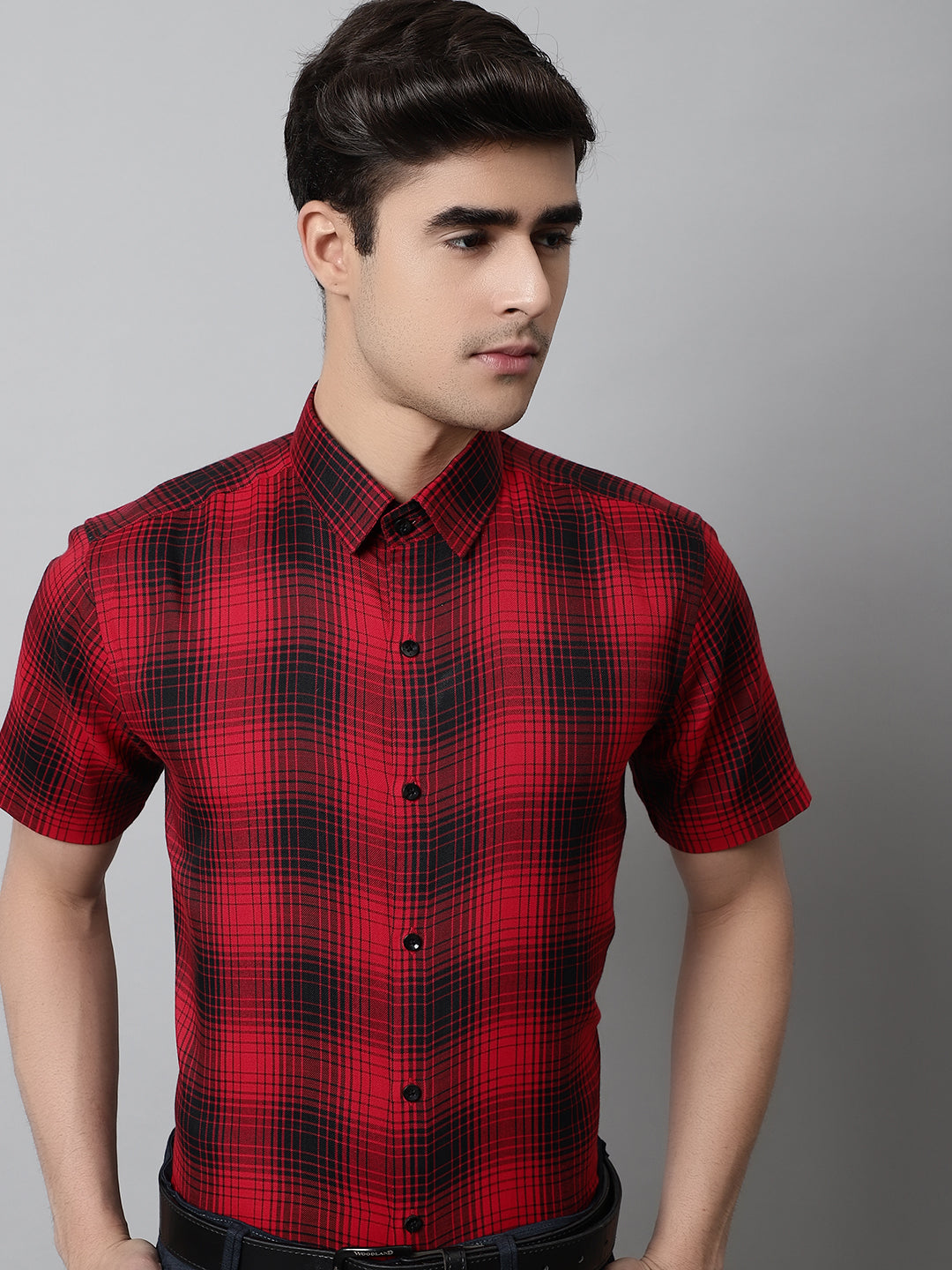 Jainish Men's Red Checks Regular Fit Cotton Formal Shirt