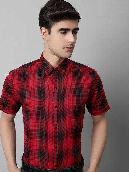 Jainish Men's Red Checks Regular Fit Cotton Formal Shirt