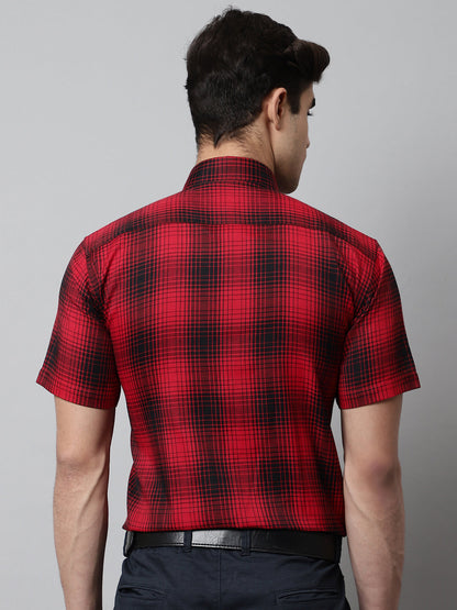 Jainish Men's Red Checks Regular Fit Cotton Formal Shirt