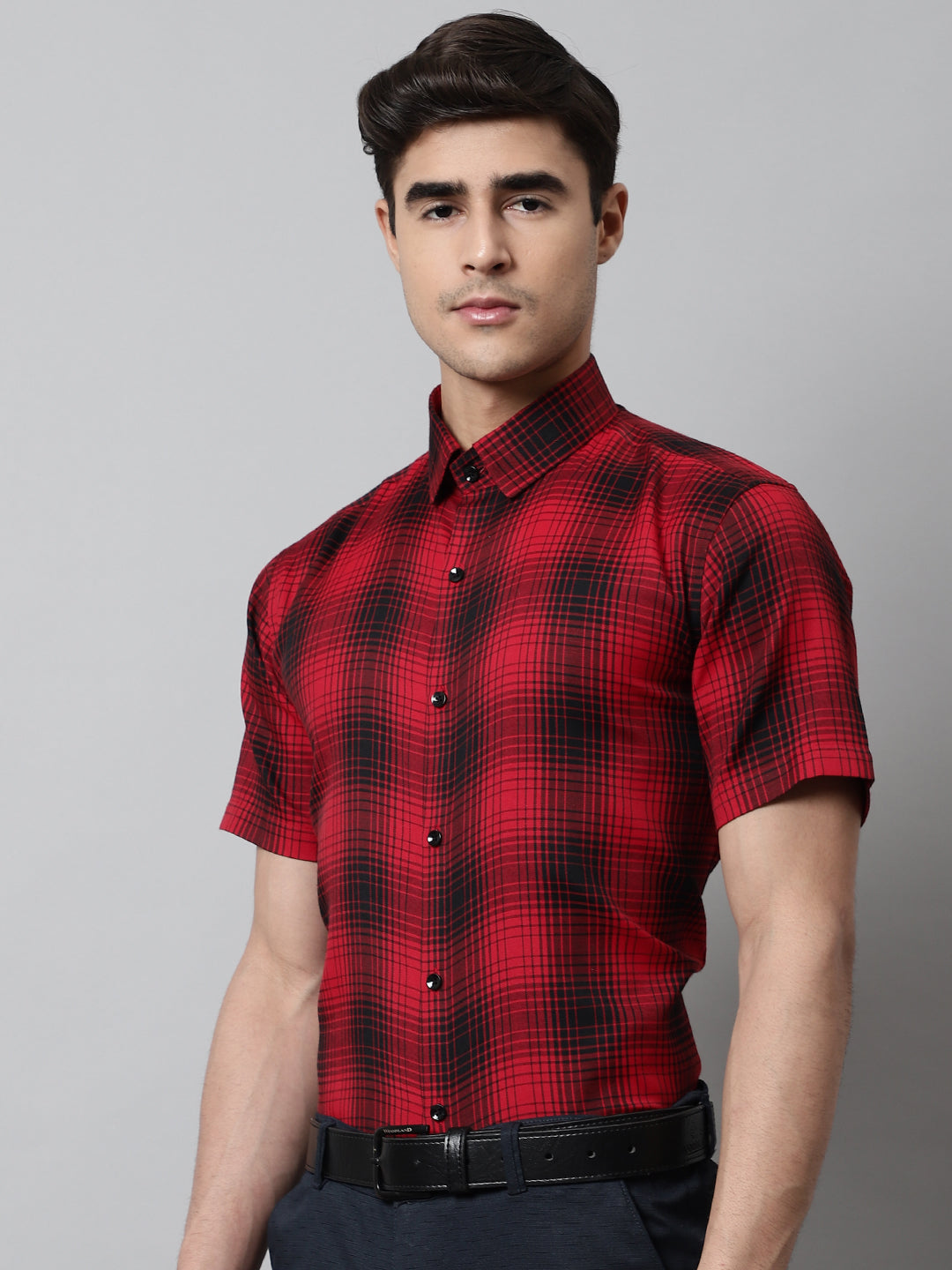 Jainish Men's Red Checks Regular Fit Cotton Formal Shirt