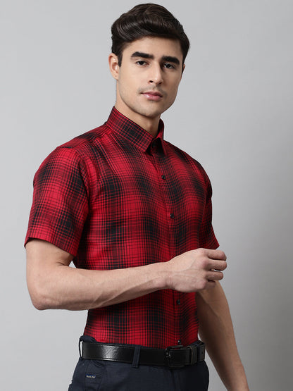 Jainish Men's Red Checks Regular Fit Cotton Formal Shirt