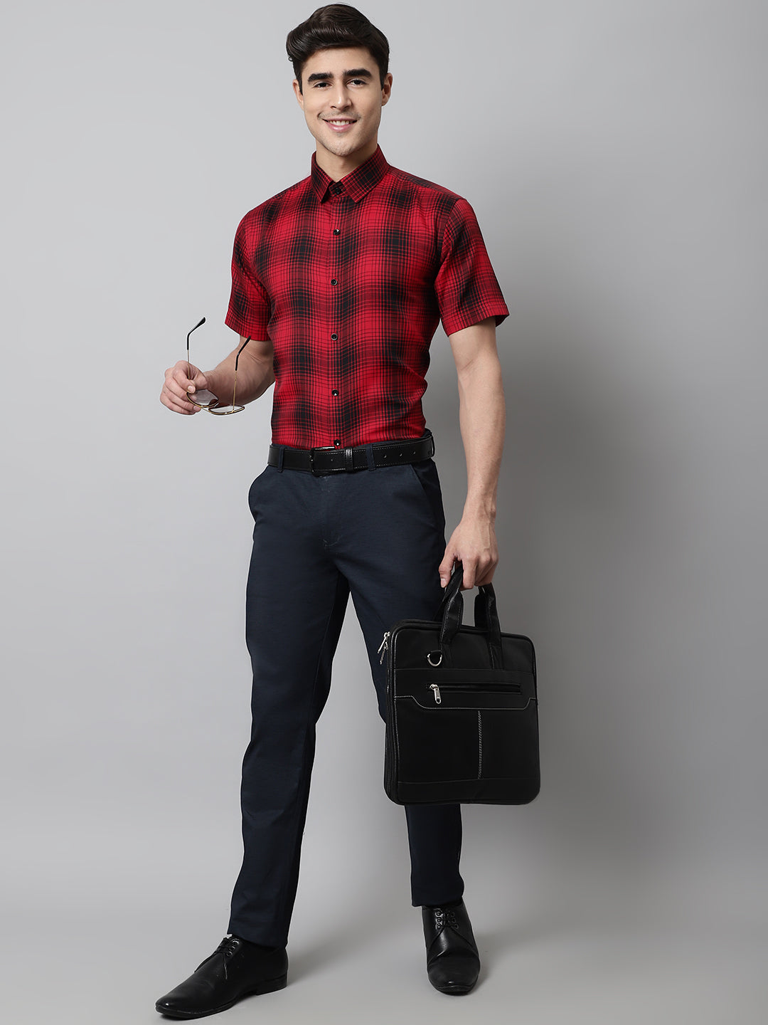 Jainish Men's Red Checks Regular Fit Cotton Formal Shirt