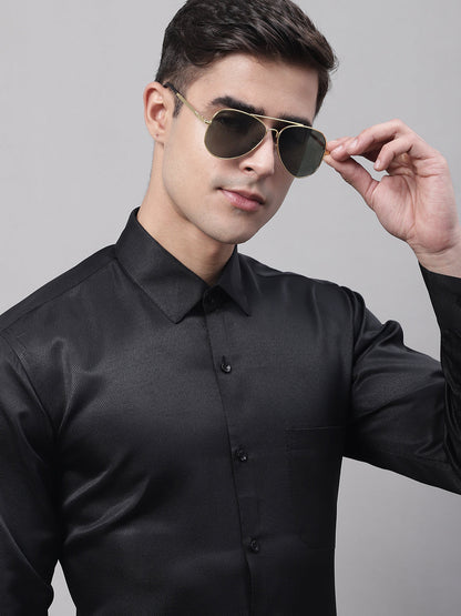 Jainish Men's Black Dobby Textured Formal Shirt