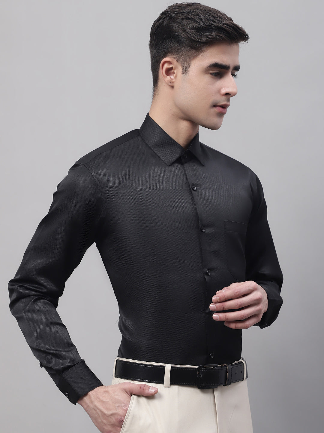 Jainish Men's Black Dobby Textured Formal Shirt