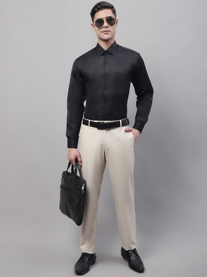 Jainish Men's Black Dobby Textured Formal Shirt