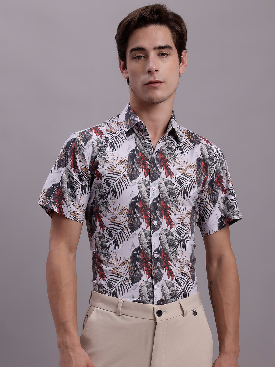Jainish Men's Floral Printed Formal Shirt - Red