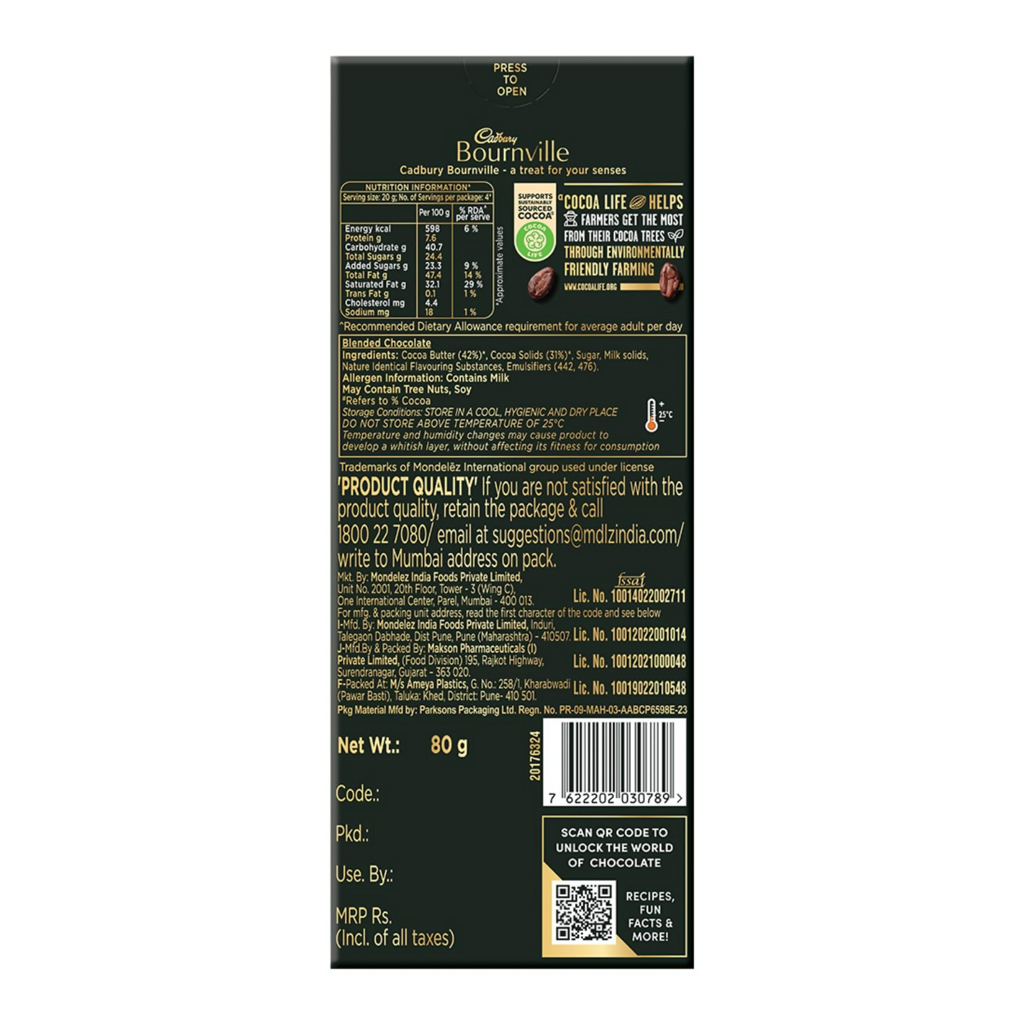 Cadbury Bournville Rich Cocoa 70% Dark Chocolate Bar