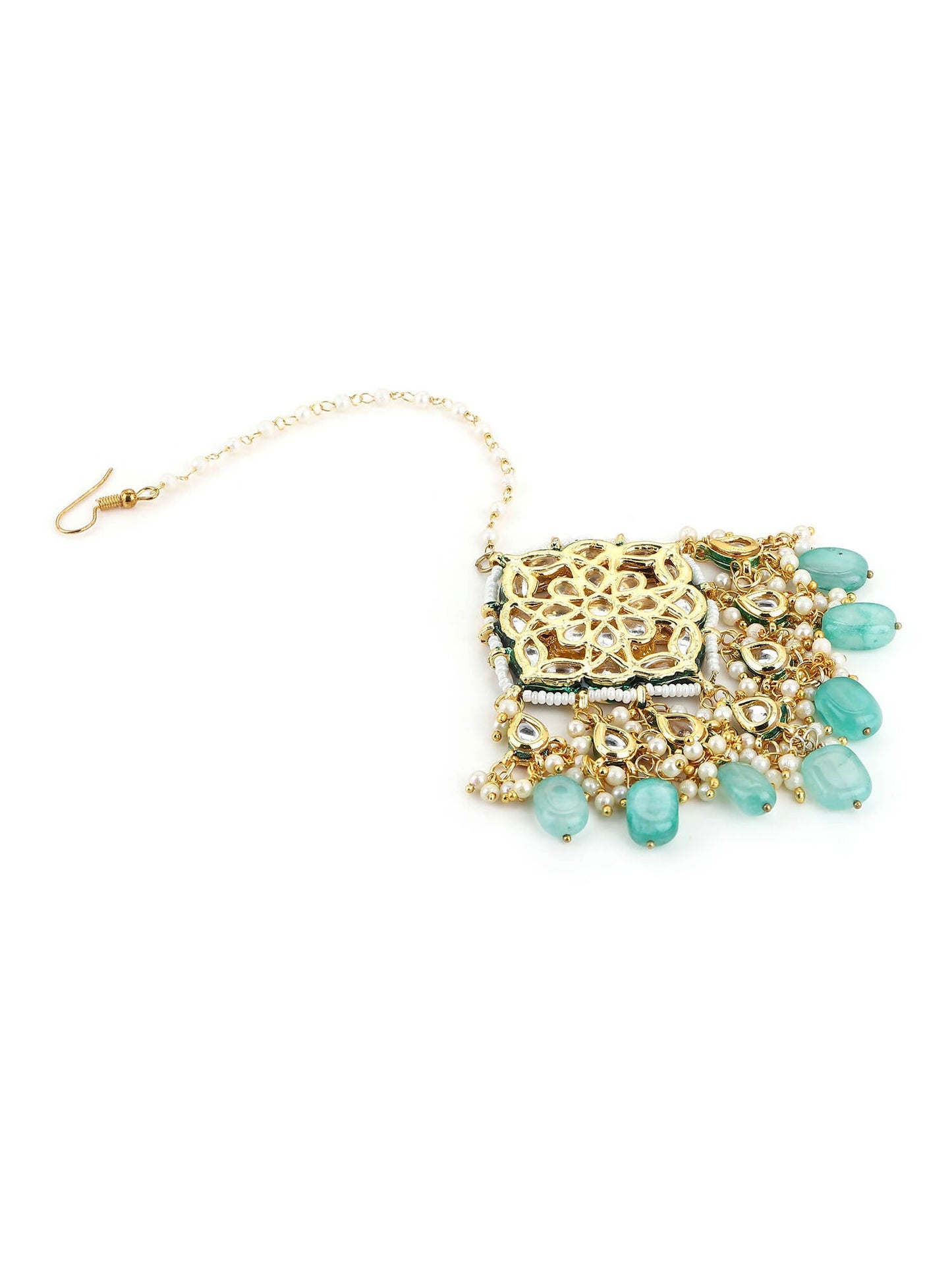 White Blue Gold-Polished Kundan-Studded Beaded Maang Tikka - Ruby Raang