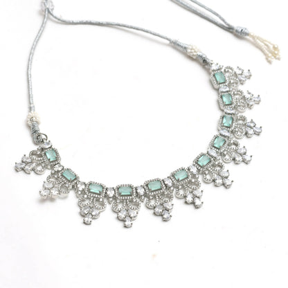 Mominos Fashion Johar Kamal Silver-Plated American Diamond Pista Green Choker Set