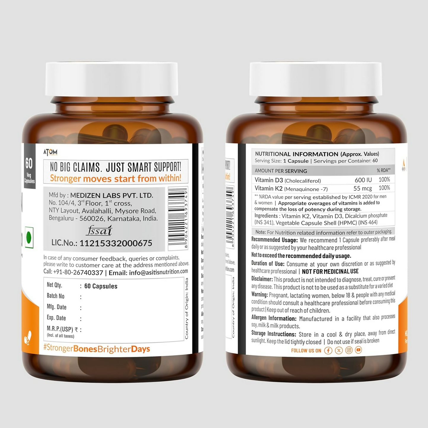 As-It-Is Atom Vitamin D3 & K2 (Mk-7) Veg Capsules
