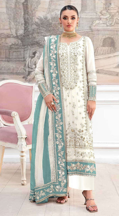 Anaita White Silk Suit with Embroidery & Khatli Work