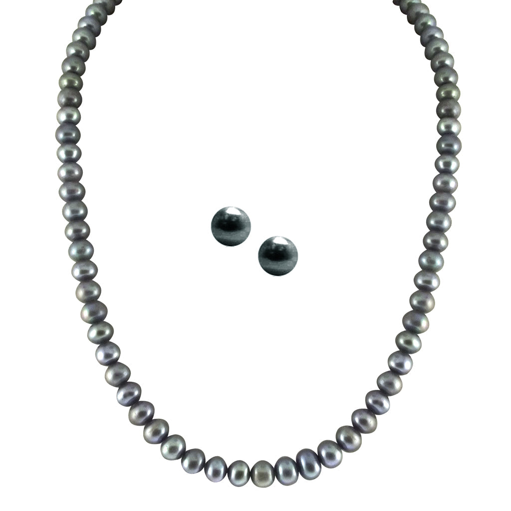 J Pearls Single Line Grey Pearl Set - Real Pearl Jewelry