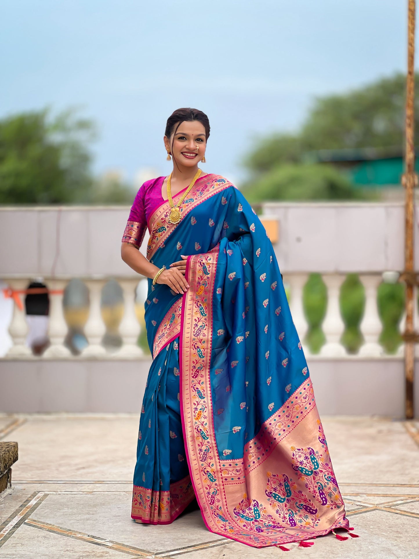 Mameraa Sarees Teal Blue Faux Banarasi Silk Saree With Paithani Rich Weaved Pallu And Blouse-Teal