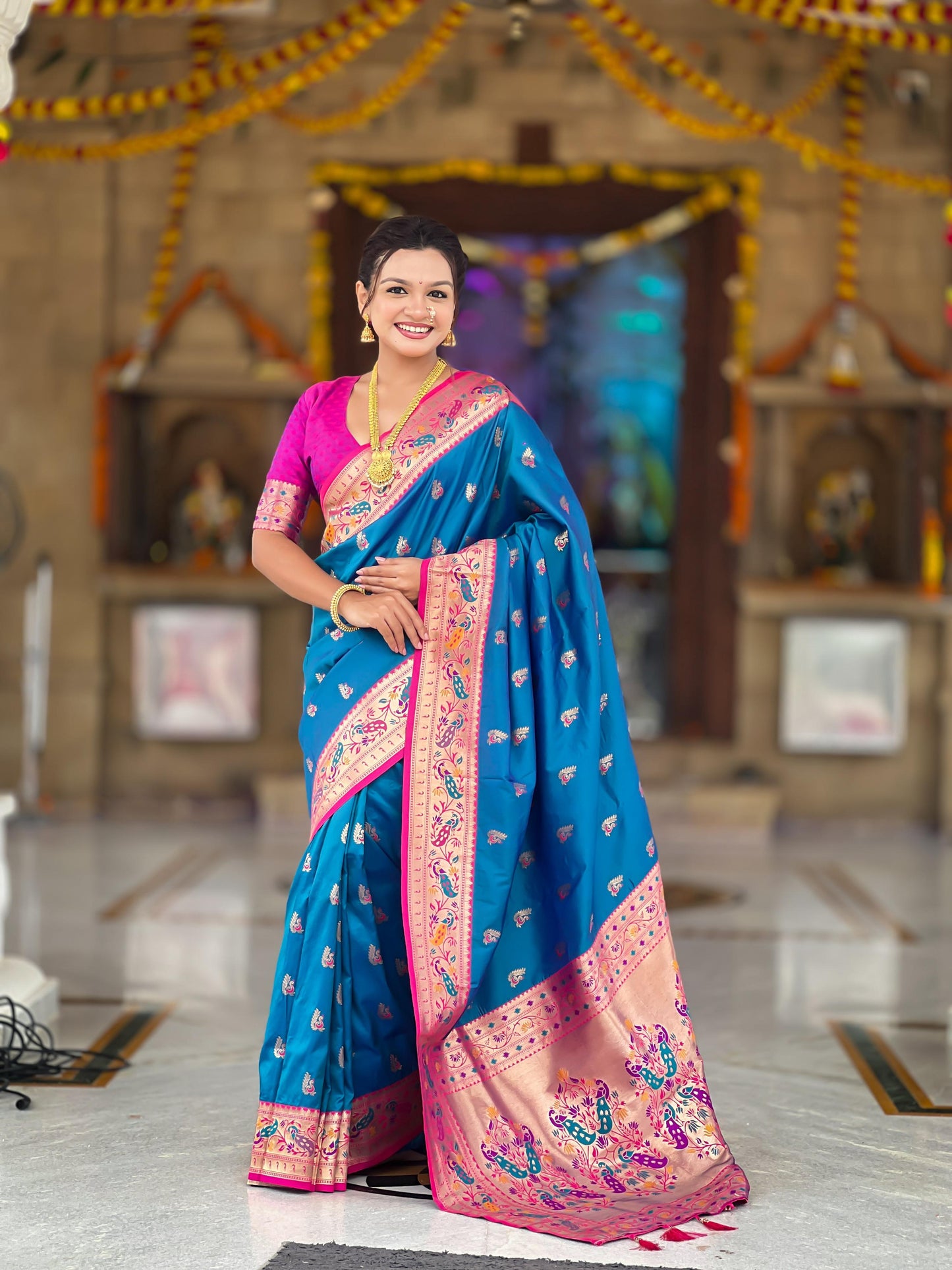 Mameraa Sarees Teal Blue Faux Banarasi Silk Saree With Paithani Rich Weaved Pallu And Blouse-Teal
