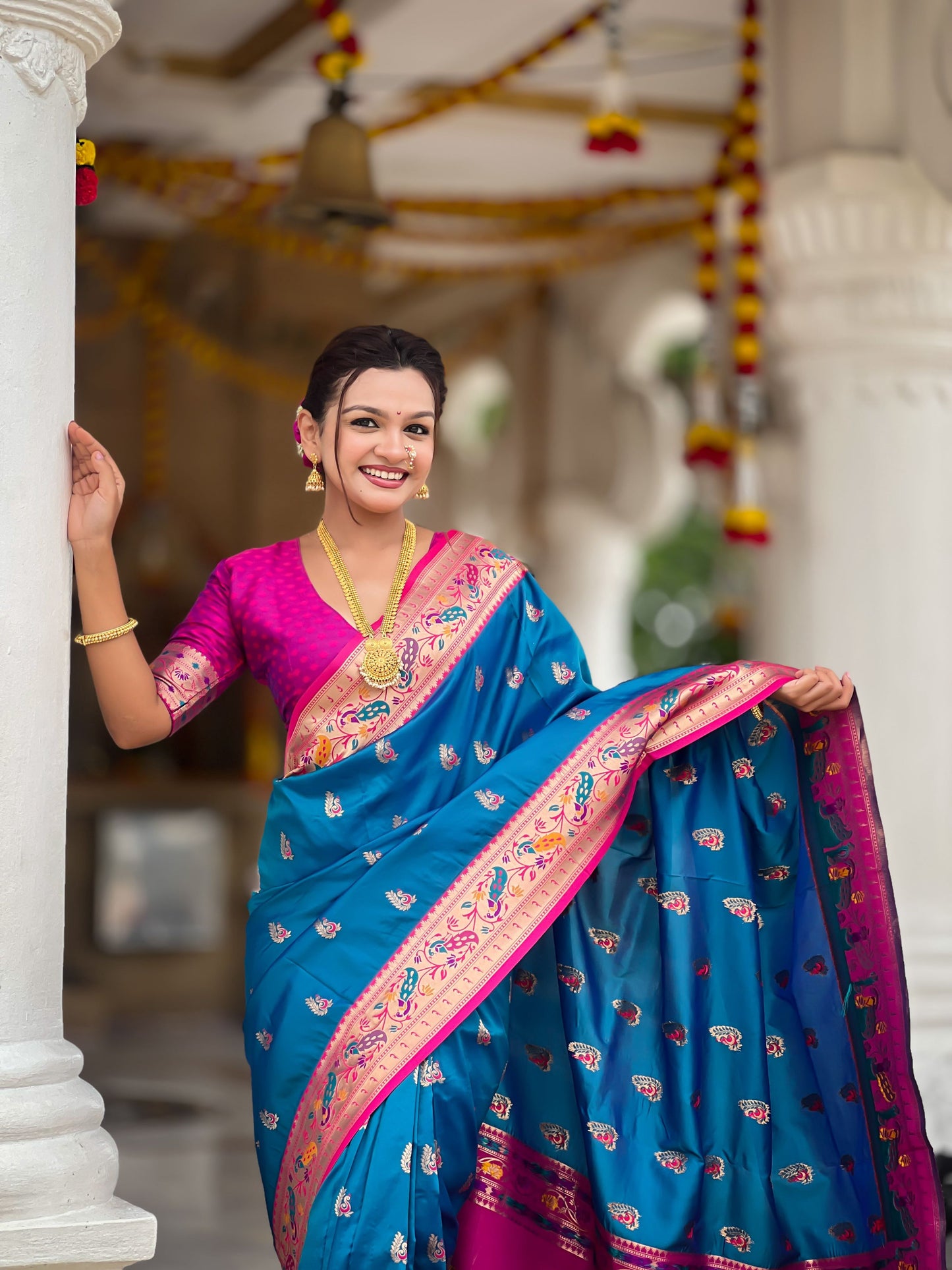 Mameraa Sarees Teal Blue Faux Banarasi Silk Saree With Paithani Rich Weaved Pallu And Blouse-Teal