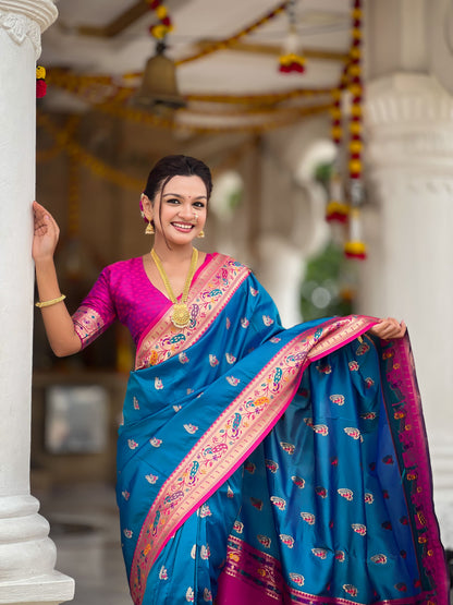 Mameraa Sarees Teal Blue Faux Banarasi Silk Saree With Paithani Rich Weaved Pallu And Blouse-Teal