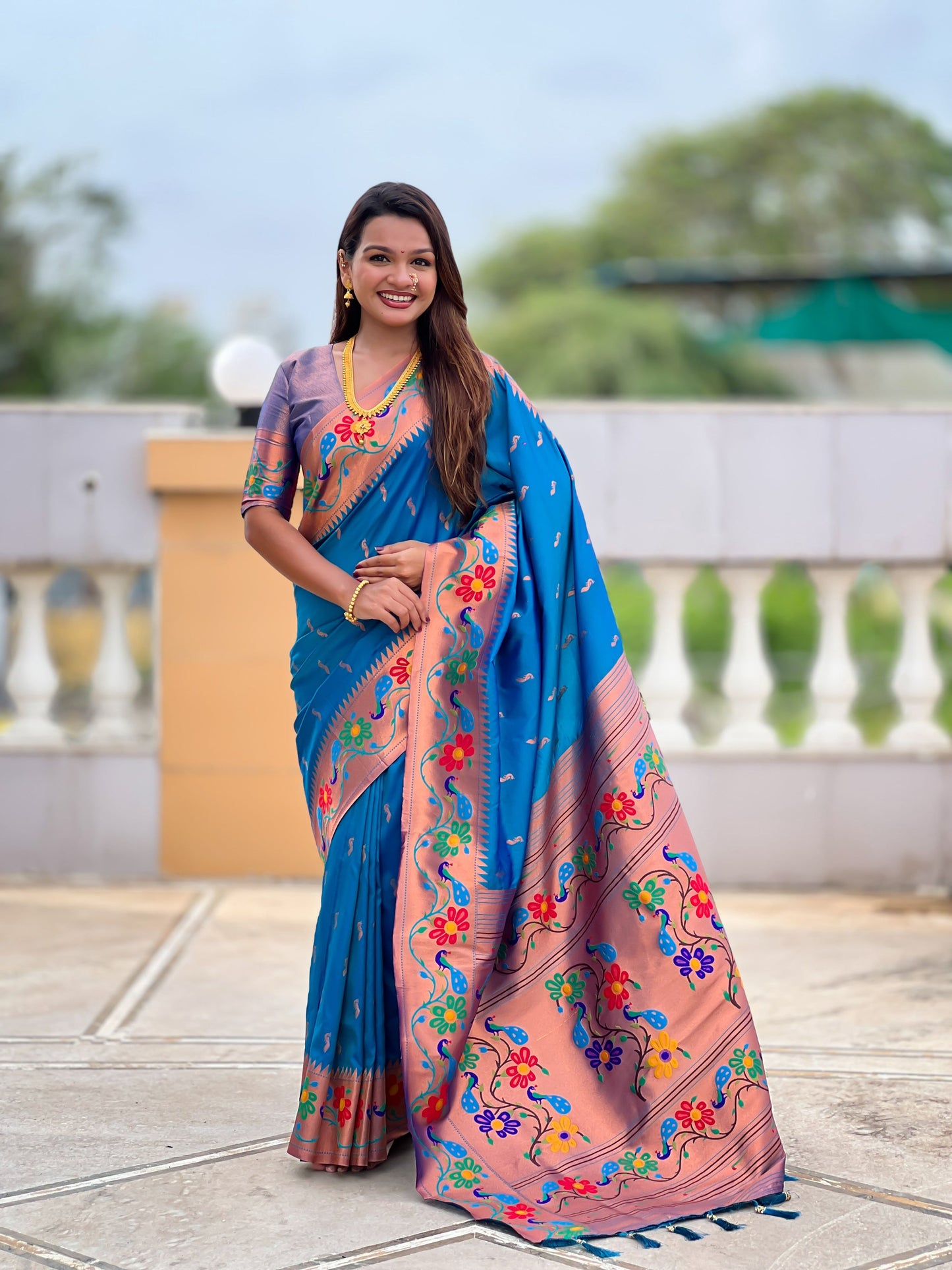 Mameraa Sarees Sky Blue Faux Banarasi Silk Saree With Paithani Rich Weaved Pallu And Blouse-Sky_Blue