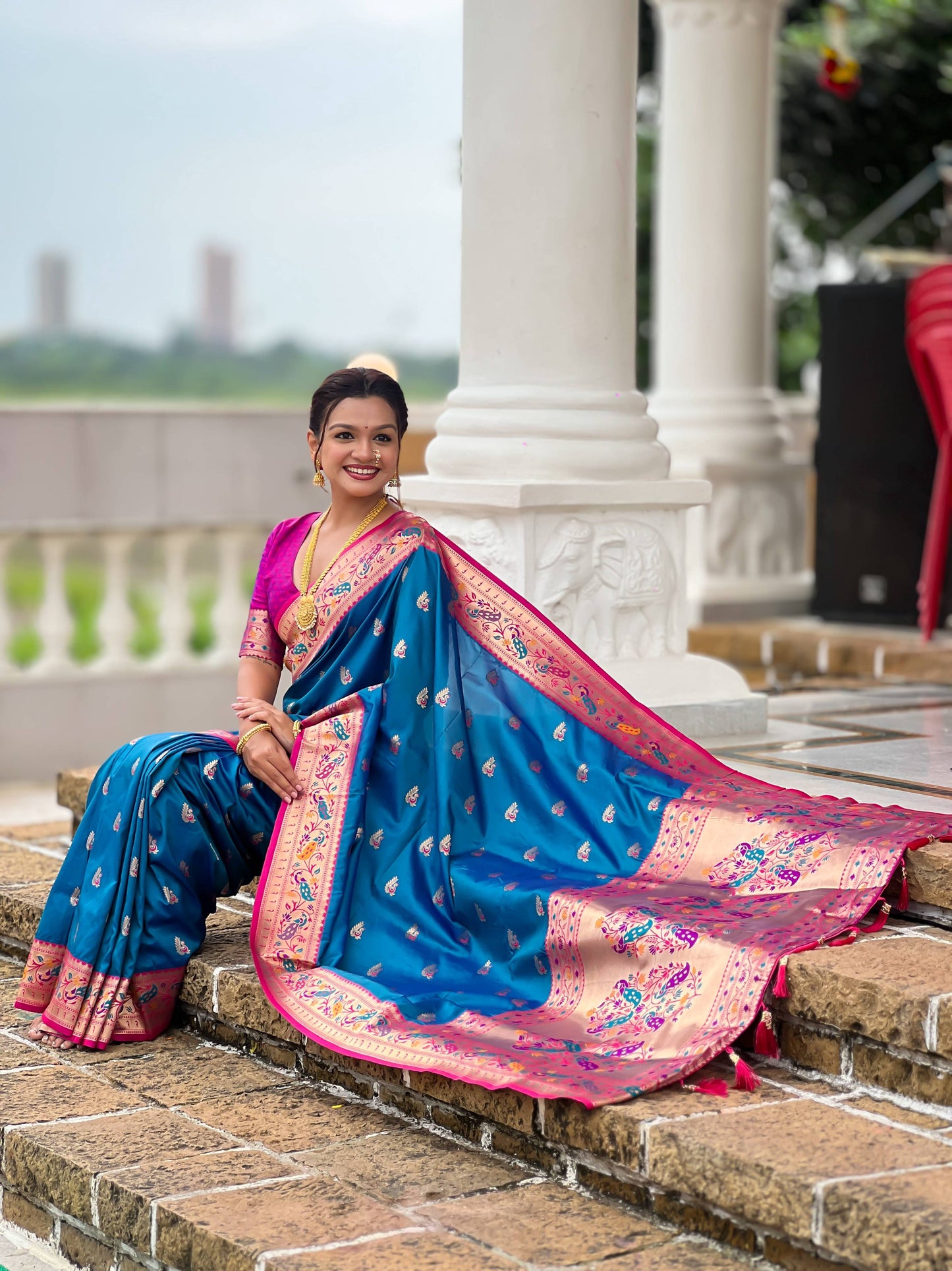 Mameraa Sarees Teal Blue Faux Banarasi Silk Saree With Paithani Rich Weaved Pallu And Blouse-Teal