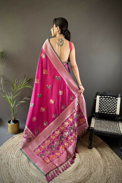 Joban Fashion Pink Elephant & Floral Motifs Soft Lichi Silk Banarasi Saree