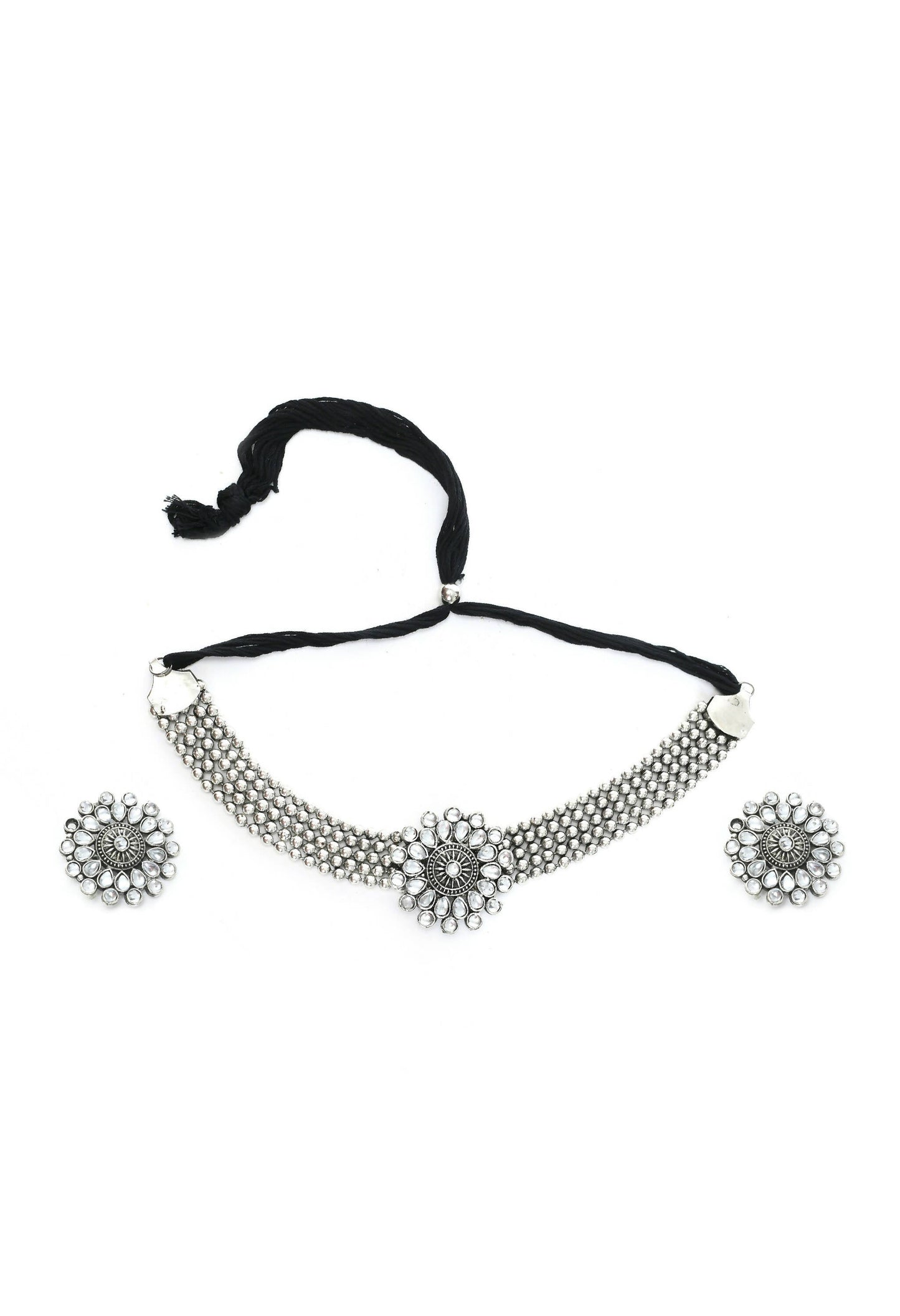 Mominos Fashion Johar Kamal Oxidised Silver-Plated Brass Finish Kundan Choker For Women (Silver)
